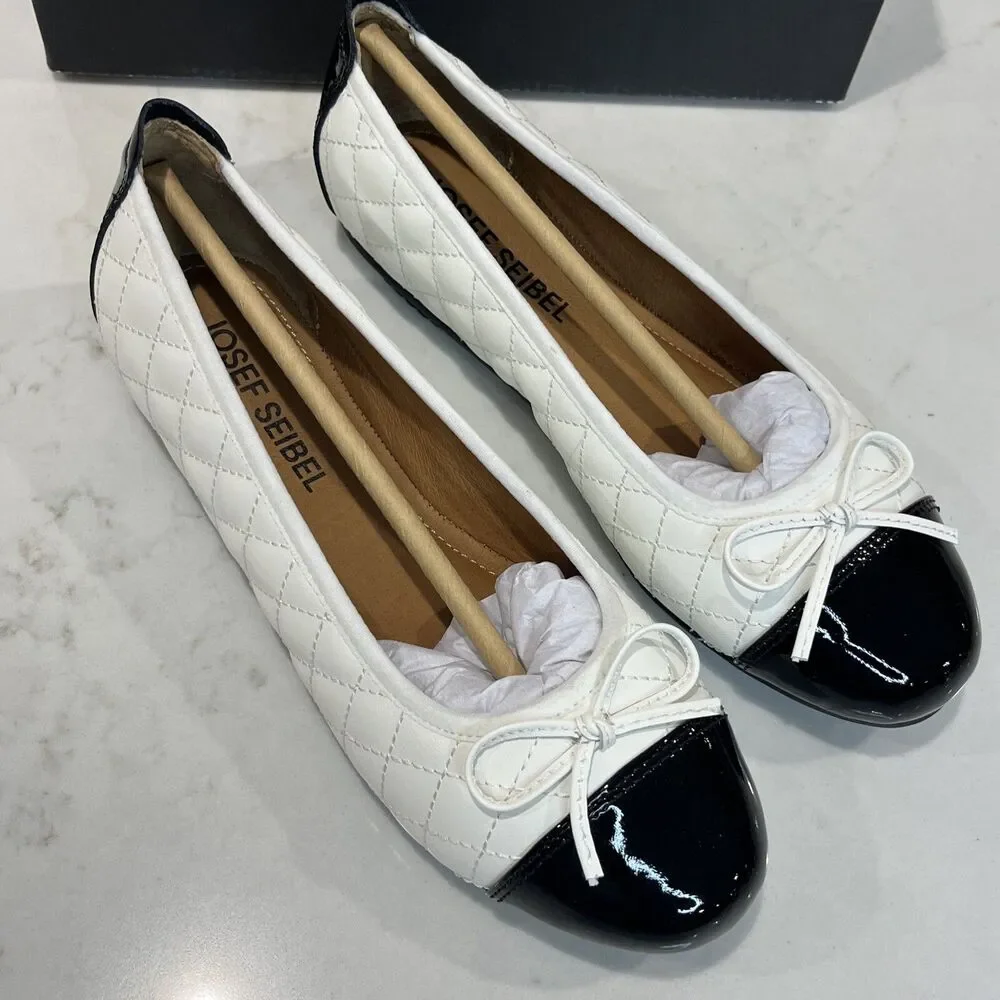 Josef‎ Seibel Pippa White Black Quilted Cap Toe Leather Ballet Flats EU 37 6-6.5